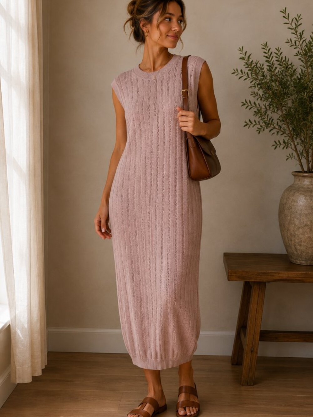 Mr Mittens Pink Pointelle Knit Midi Sweater Dress Womens L Preppy Casual Cotton